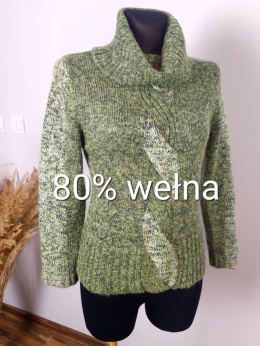 Piękny Cieply sweterek zielony, Wełna, Bawełna